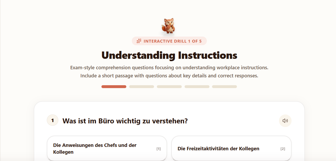Interactive drills: Understanding Instructions workplace comprehension questions